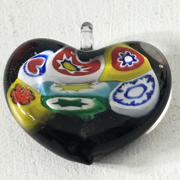 Vintage Murano Glass Black Back Heart Pendant - Picture 2 of 8